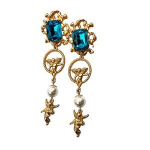 Catwalk Jon Aqua Blue Glass Fairy Pearl 4" Matte Gold Tone Pierced Earrings